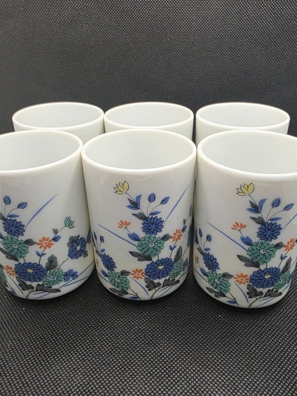 Vintage OMC Japan Porcelain Tea Cups Set of 6 Blue Green Floral Yunomi Japanese
